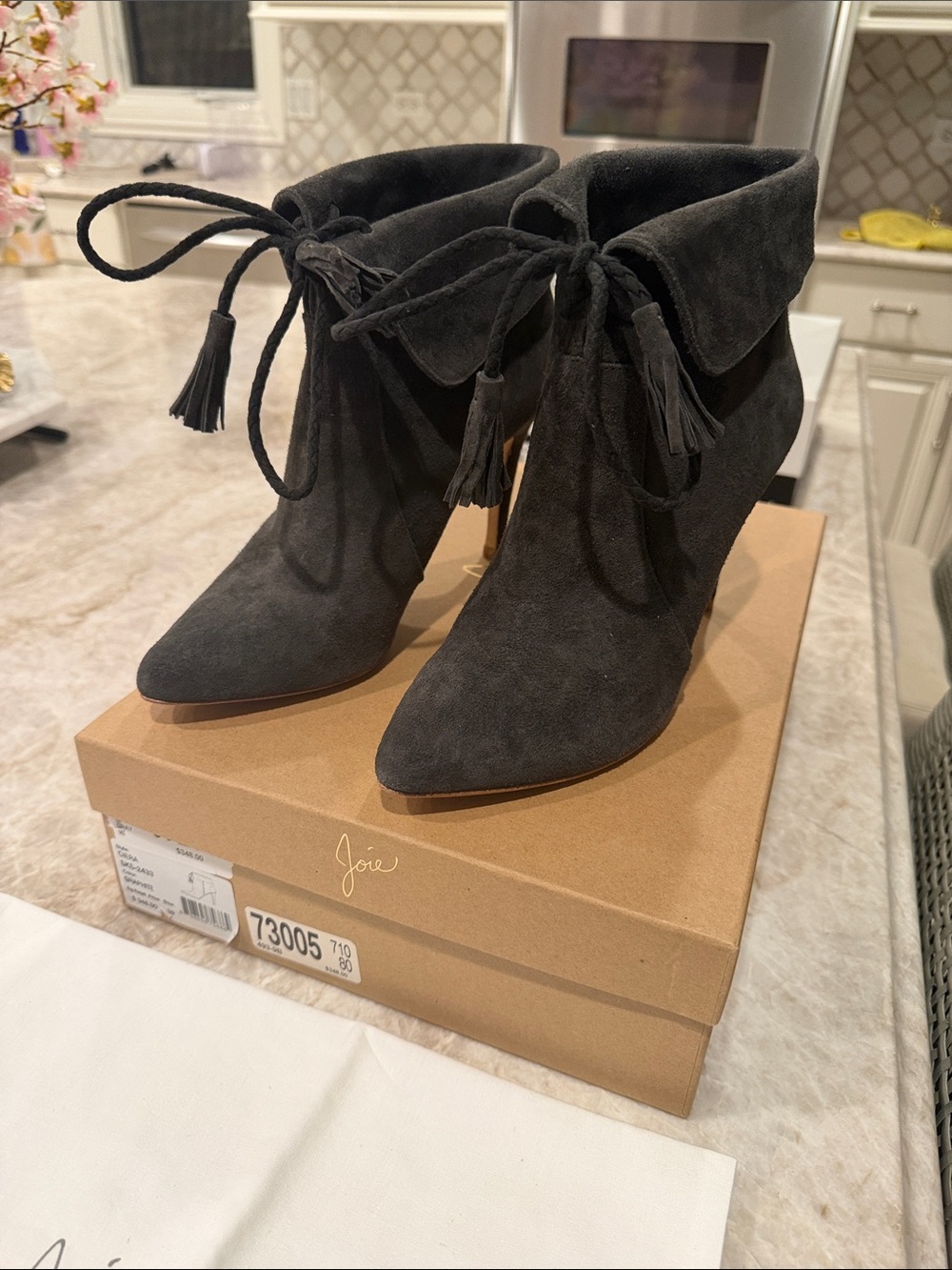 Joie Black Suede Tassel Tie Pointed Ankle Booties